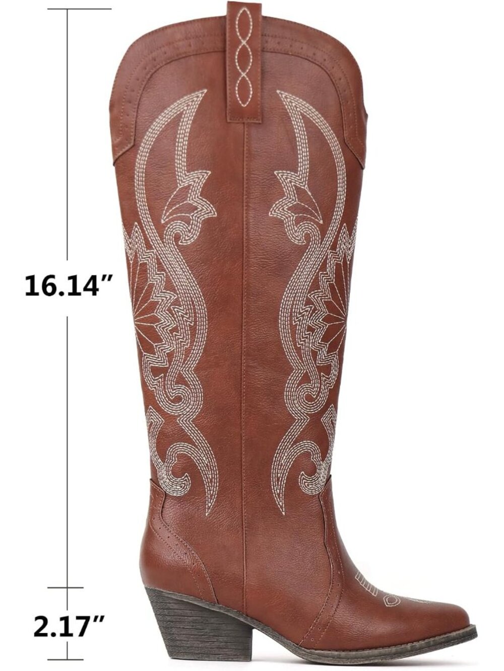 Women's Brown Pointed Toe Block Heel Classic Embroidered Western Knee High Boot - Picture 4 of 5